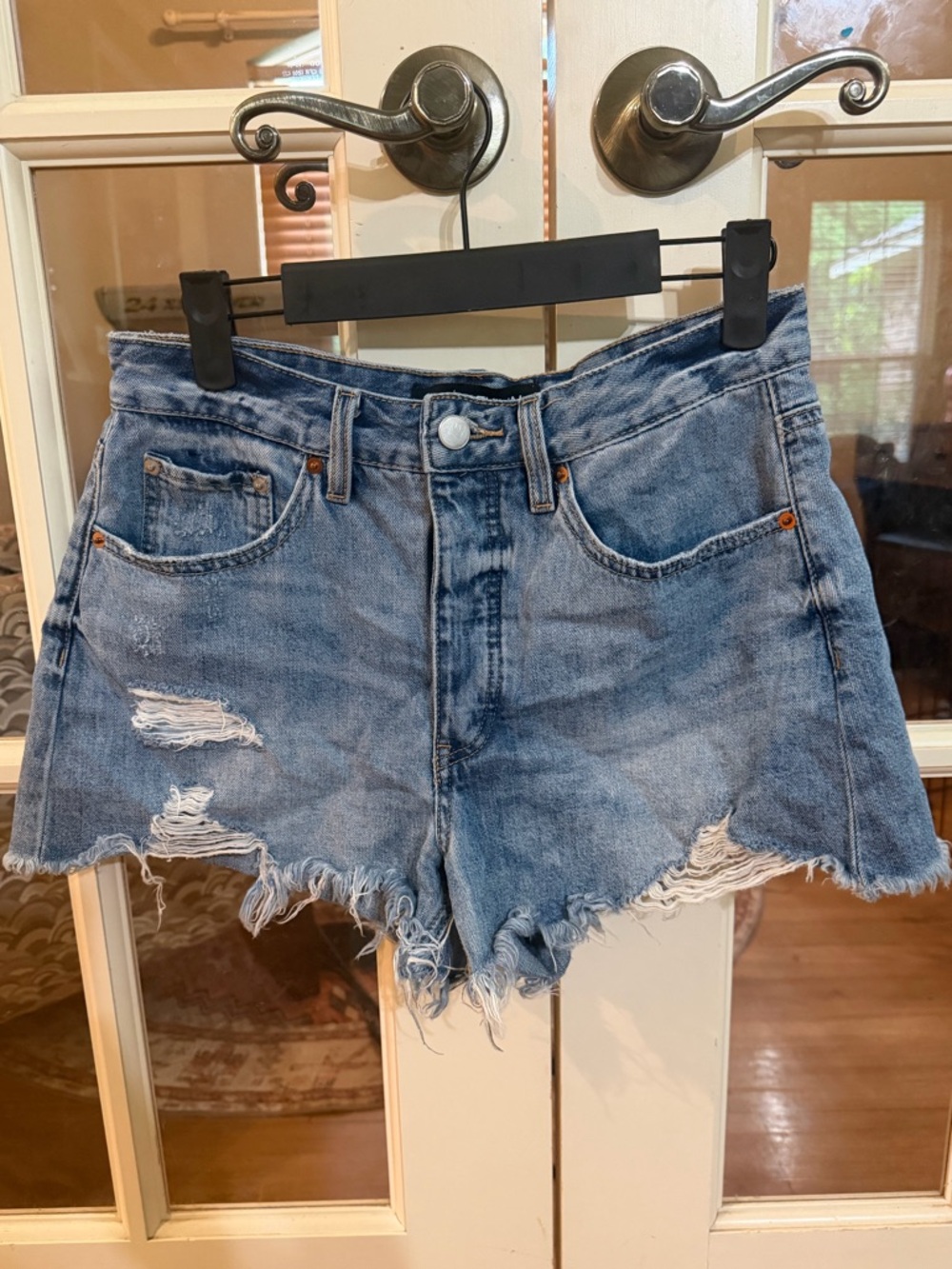 Frayed Light Blue Denim Jean Shorts - Classic Five-Pocket Style